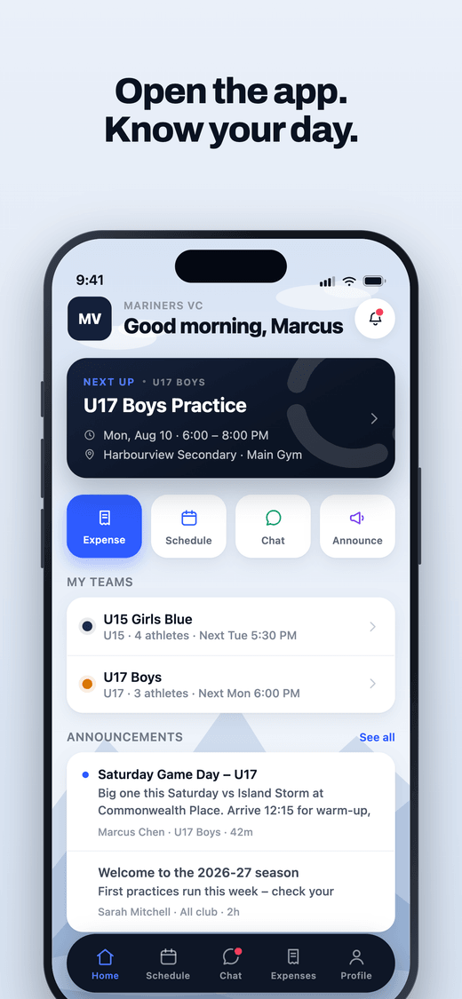 ClubHub app, coach home