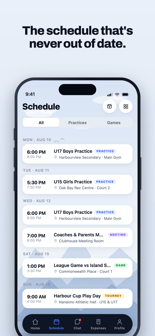 ClubHub app, schedule
