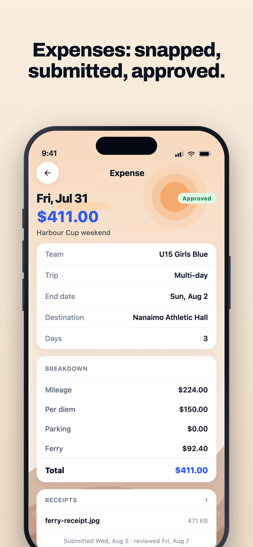 ClubHub app, a submitted expense