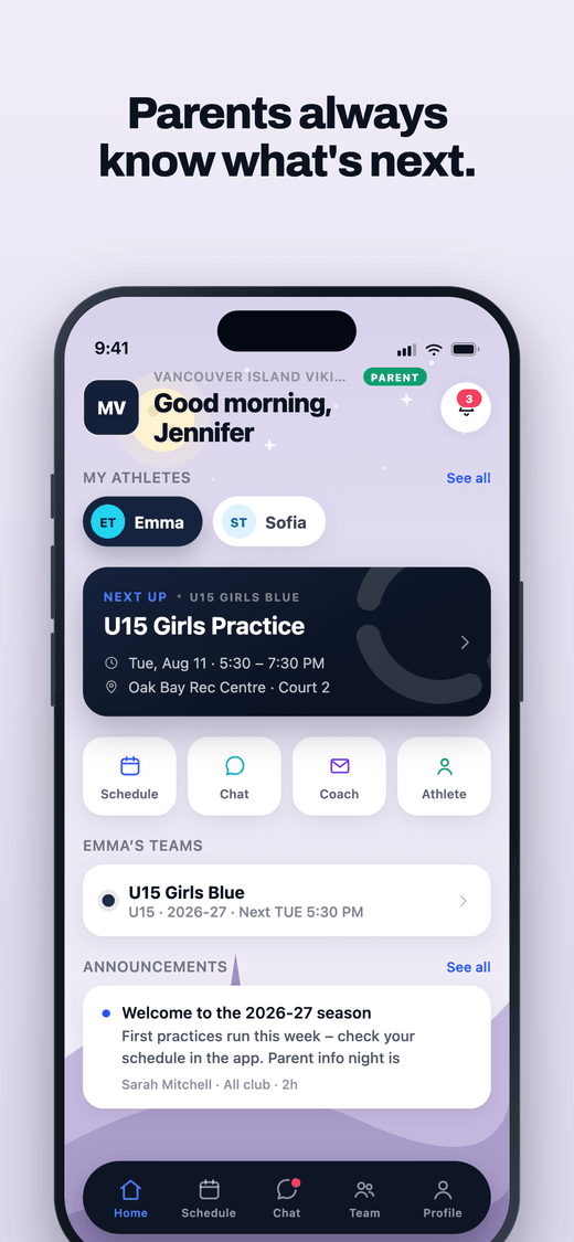 ClubHub app, parent home
